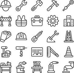 Obraz premium Construction and Industrial Tools and Equipment Icons Keywords: hard hat, helmet, wrench, hammer
