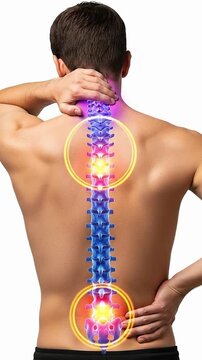 Man experiencing neck and lower back pain, a detailed anatomical illustration of spinal health issues