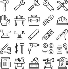 Construction and Workshop Tools Icons Keywords: hammer, wrench, saw, toolbox, hard hat, anvil