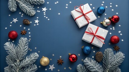 Festive christmas gift boxes and decorations on a dark blue background