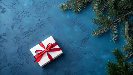 Christmas gift and evergreen boughs on a textured blue background