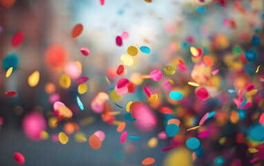 Brightly colored confetti raining down against a softly blurred background, creating a festive, dynamic, and joyful atmosphere.