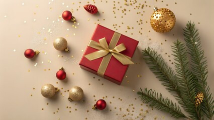 Festive christmas gift with ornaments and glitter on beige background