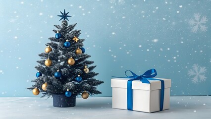 Small decorated christmas tree with gift box on light blue background