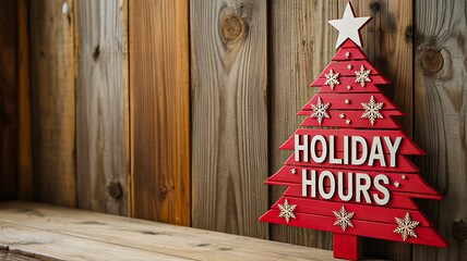 Red holiday hours sign shaped like christmas tree against wooden wall
