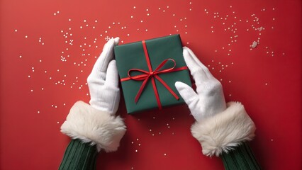 Hands in white gloves presenting a green gift on red background with confetti