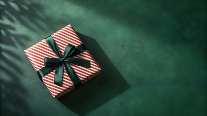Festive gift box with striped wrapping and green ribbon on dark green background