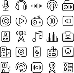 Podcast and audio equipment icons in outline style Keywords: microphone, headphones, sound waves