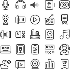 Podcast and audio technology icons in outline style Keywords: microphone, headphones, sound
