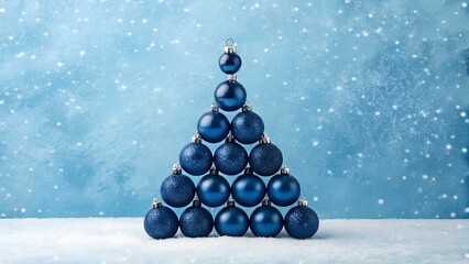 Christmas tree made of blue ornaments on a snowy background for holiday season