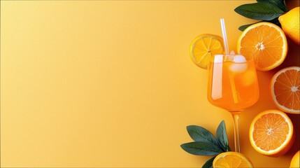 A refreshing orange juice cocktail with ice and a straw is garnished with an orange slice and surrounded by fresh oranges and green leaves, set against a vibran