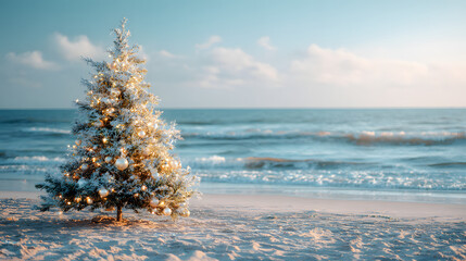 Charming Christmas tree decorated on a sandy beach with gentle waves in the background, featuring ample copy space for festive messages.
