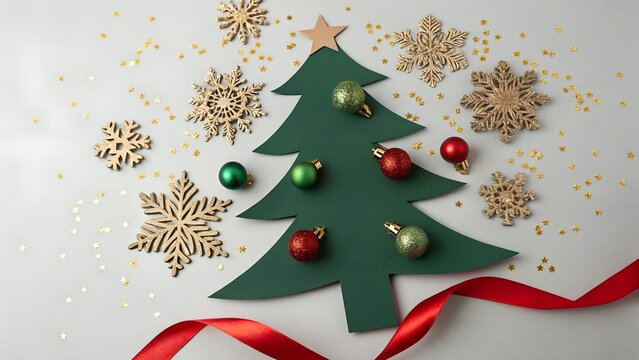 Festive christmas tree decoration with ornaments snowflakes and red ribbon
