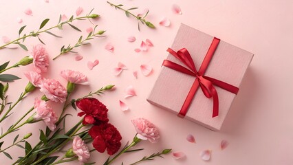 Elegant gift box with red ribbon and pink flowers on pastel background