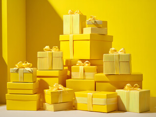 Bright yellow gift boxes with matching ribbons and bows, neatly stacked and arranged for a cheerful festive display.