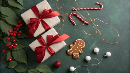 Festive christmas still life with gifts candy canes and gingerbread man