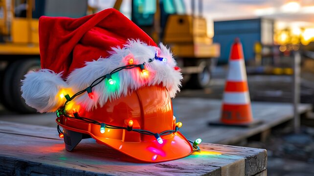 Construction hard hat decorated with santa hat and colorful holiday lights
- Powered by Adobe