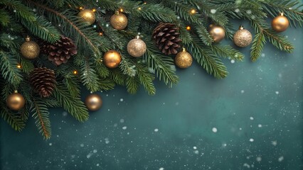Festive christmas garland with golden ornaments and pinecones on green background