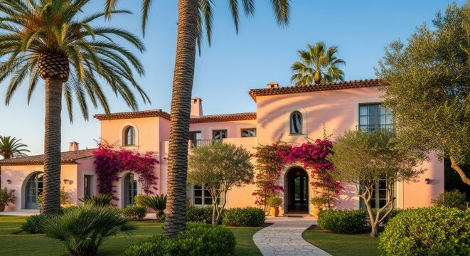 Luxurious Mediterranean villa with pink facade and bougainvillea - Powered by Adobe