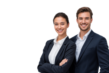 Smiling professional business couple in suits standing confidently, teamwork concept, isolated on transparent background, png