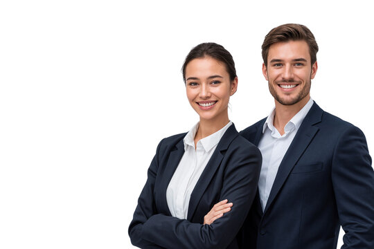 Smiling professional business couple in suits standing confidently, teamwork concept, isolated on transparent background, png