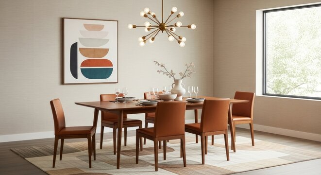 Stylish dining area with wooden table and elegant chandelier