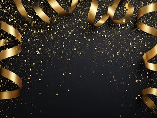 Elegant Golden Ribbon Border and Sparkling Confetti on Dark Backdrop Creates Festive Celebration Atmosphere