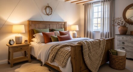 Cozy rustic bedroom with warm lighting and wooden furniture