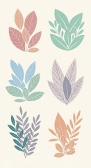 Six stylized botanical groupings display various shapes and soft pastel color palettes
