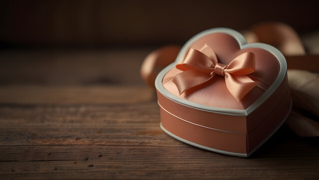 Elegant heart-shaped gift box wrapped in smooth satin ribbon and bow is placed upon a dark, rustic wooden table with copy space for text. Romance concept