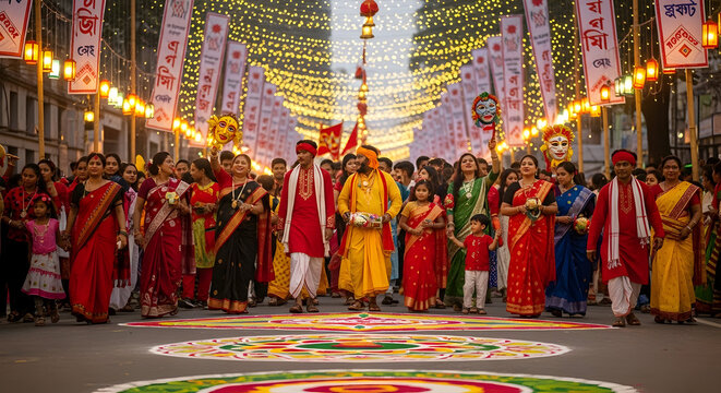 A lively cultural street celebration of Bengali New Year featuring vibrant decorations and energetic crowds