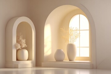 Elegant Interior with Archways and White Vases Displaying Dried Floral Accents Near Window in Minimalist Neutral Tones