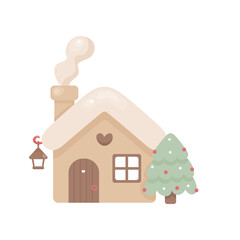 Vector hand-drawn winter house with snow-covered roof, chimney smoke, heart above door, tree and lantern.  Ideal for festive clipart, greeting cards, cozy village scenes, and seasonal design.