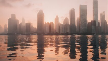 Fototapeta premium City skyline at sunrise reflected in water. Soft focus