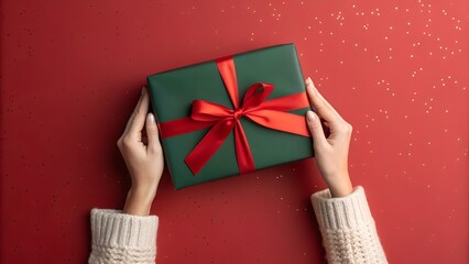 Hands holding a green christmas gift with a red ribbon on red background