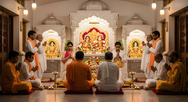A spiritual moment inside an ISKCON temple, showing devotees engaged in worship with warm ambient lighting from traditional lamps