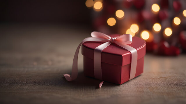 Soft pink heart-shaped gift box tied neatly with a ribbon is resting on a textured wooden surface with warm, out-of-focus bokeh lights in the background. Romance concept - Powered by Adobe