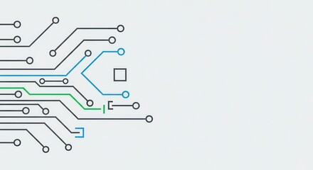 Minimalist illustration depicts electronic circuit board traces and connection points on a light background
