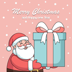 Happy Santa Claus Holding Big Gift Box Outline Illustration with Merry Christmas and Happy New Year Text on Pink Background