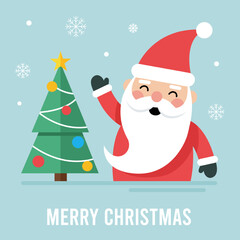 Flat Design Santa Claus Waving Next to Decorated Christmas Tree with Merry Christmas Text on Blue Background