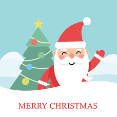 Joyful Santa Claus Waving from Snowy Hill with Christmas Tree and Merry Christmas Text on Winter Background