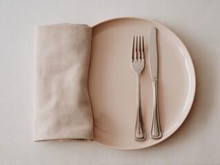 Elegant Place Setting with Beige Plate Silverware and Rolled Napkin on Textured White Surface Overhead Shot