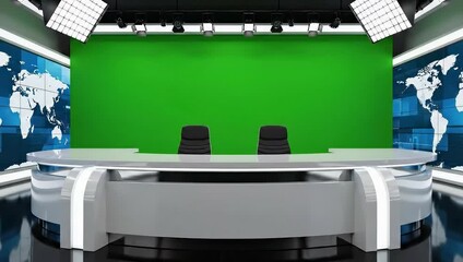 Modern News Studio With Green Screen and World Map Backgrounds and Two Chairs at Desk - Powered by Adobe