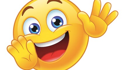 Waving Yellow Emoji with Big Blue Eyes and Wide Smile