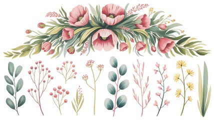 Watercolor Floral Arrangement and Botanical Elements Keywords: watercolor, floral, flowers