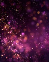 Elegant Sparkling Purple and Golden Glitter Particles Floating in Dark Background with Bokeh Effects