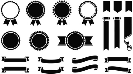 Ribbons and badges, winner rosettes graphic silhouettes, isolated decorative ribbons for banners and flyers, business awards, competition prizes, educational achievements, vector elements, 