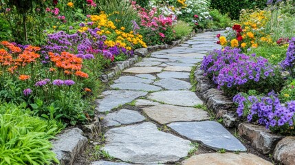 Garden path with irregular paving blocks and flower beds