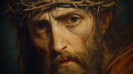 The artwork captures a solemn man with a crown of thorns, his intense gaze reflecting suffering and resolve. This piece evokes powerful religious themes and historical narratives.