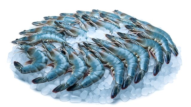 Raw fresh blue prawns arranged on crushed ice bed, shells shining, cool blue tones, seafood market style, isolated on pure white background.